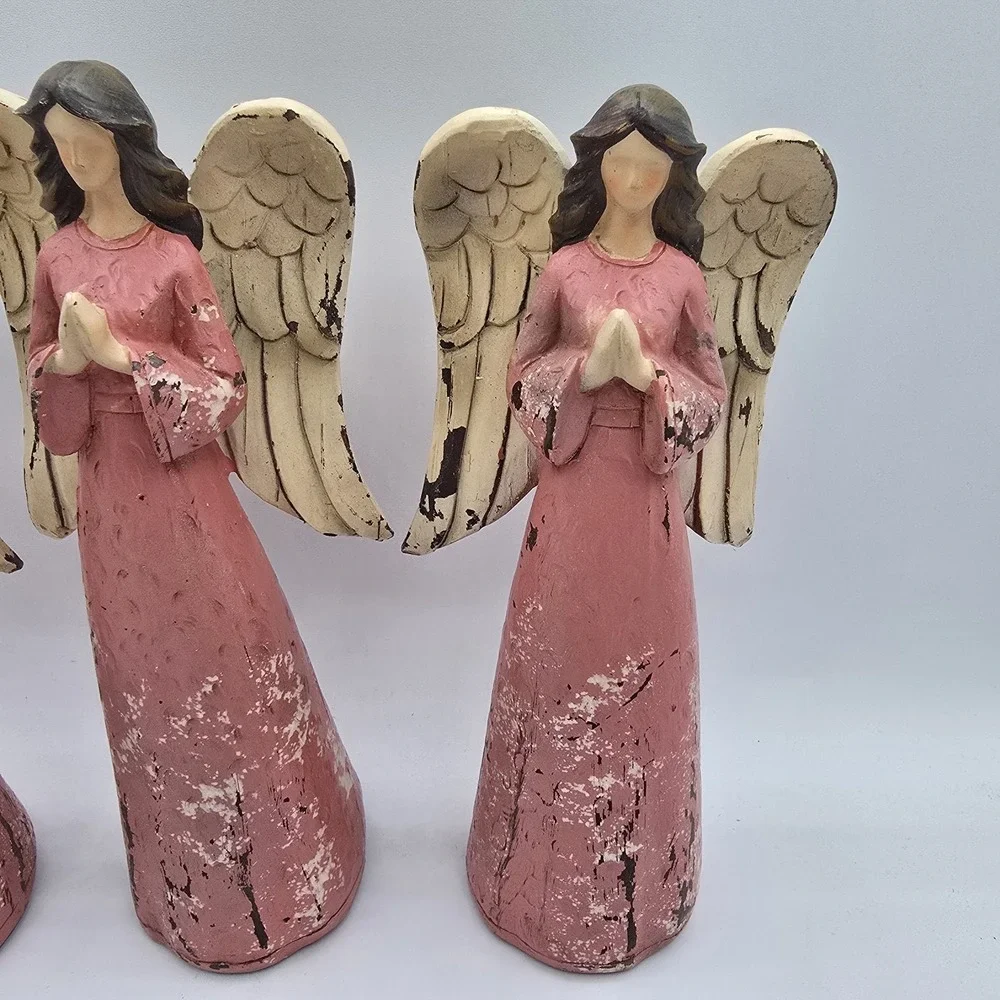 Set Of 3‎ Angel Figurines Pray Pink Praying Rustic Christmas Home Decor